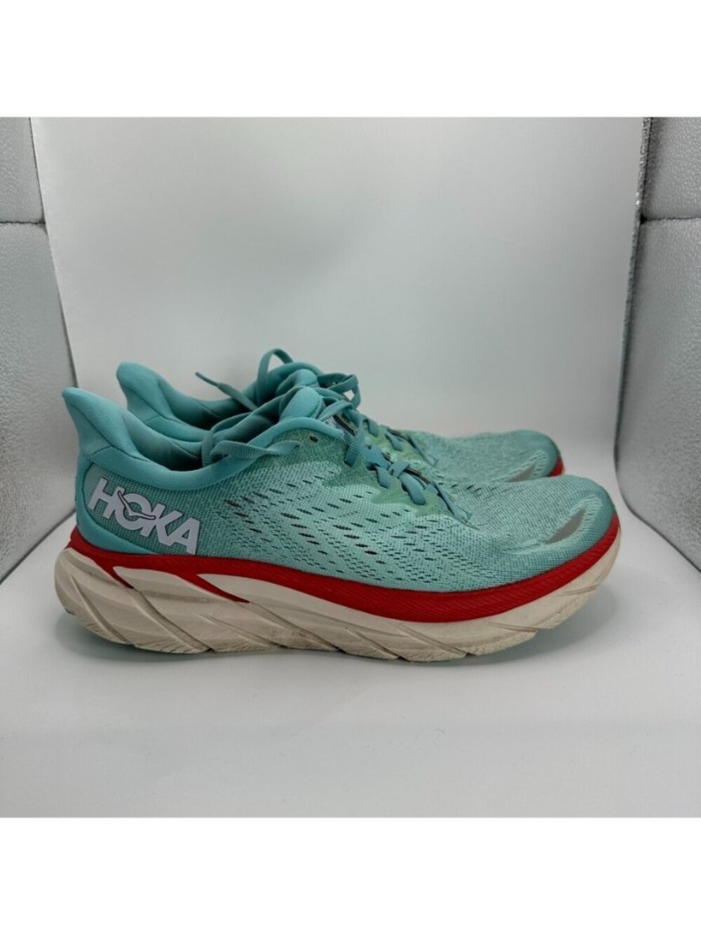 Hoka One One W Clifton 8 Shoes Womens Size 8.5 B Blue Red Running Cushioned